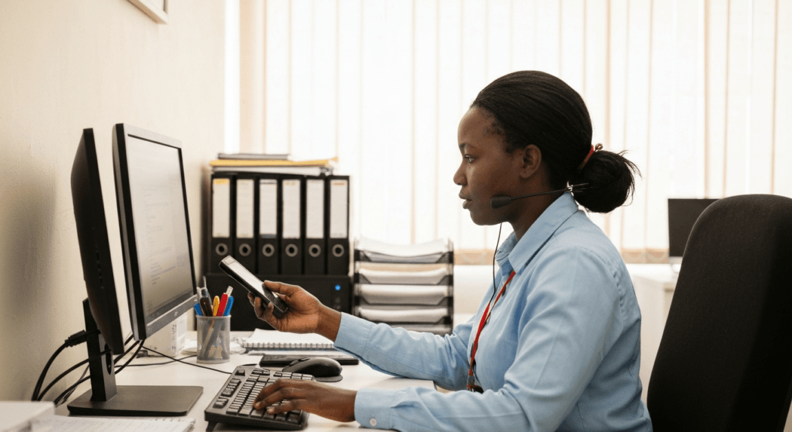 A customer service representative in Botswana using AI to enhance communication