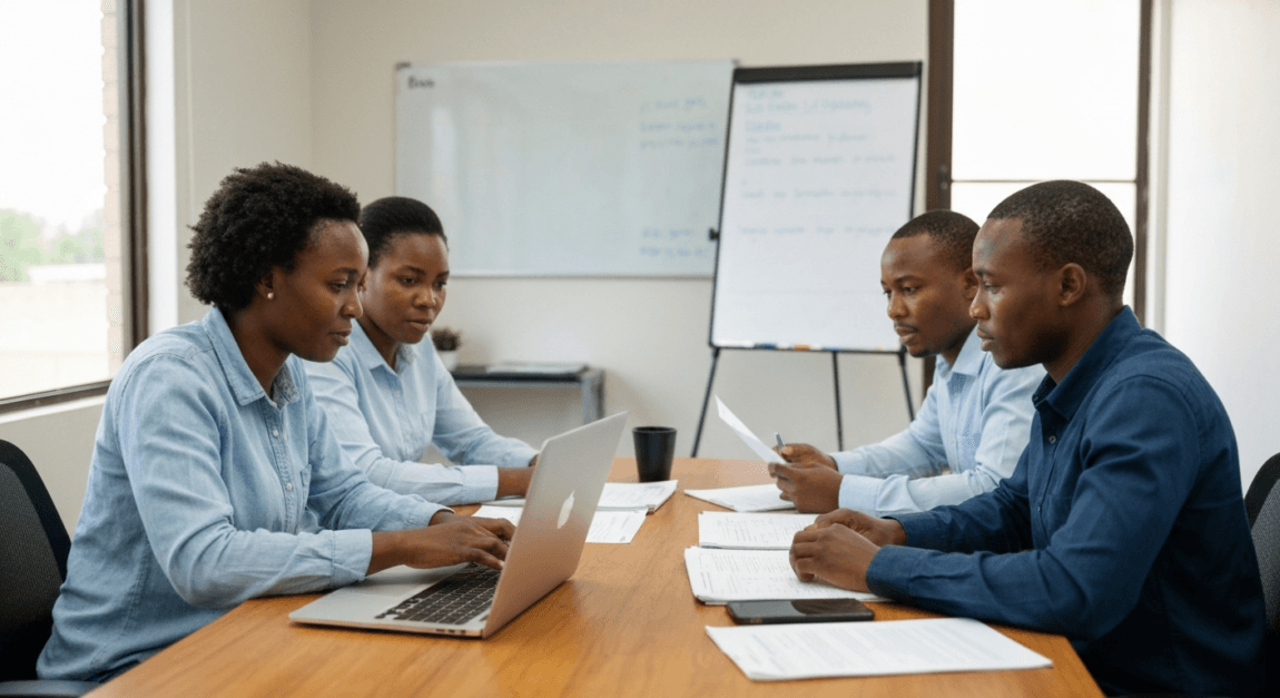 Botswana office team conducting a company name search on a laptop