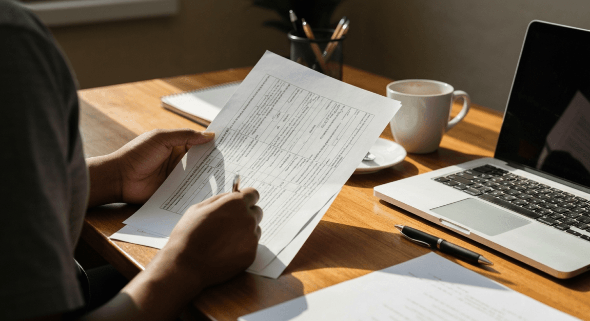 Person checking company registration forms in a Botswana office