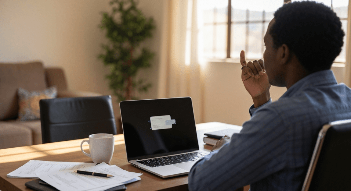 Person interacting with a chatbot in a small Botswana office environment.