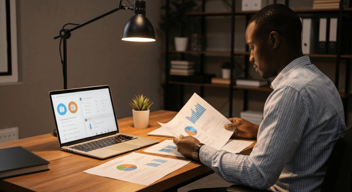 Entrepreneur in Botswana reviewing financial documents in an office