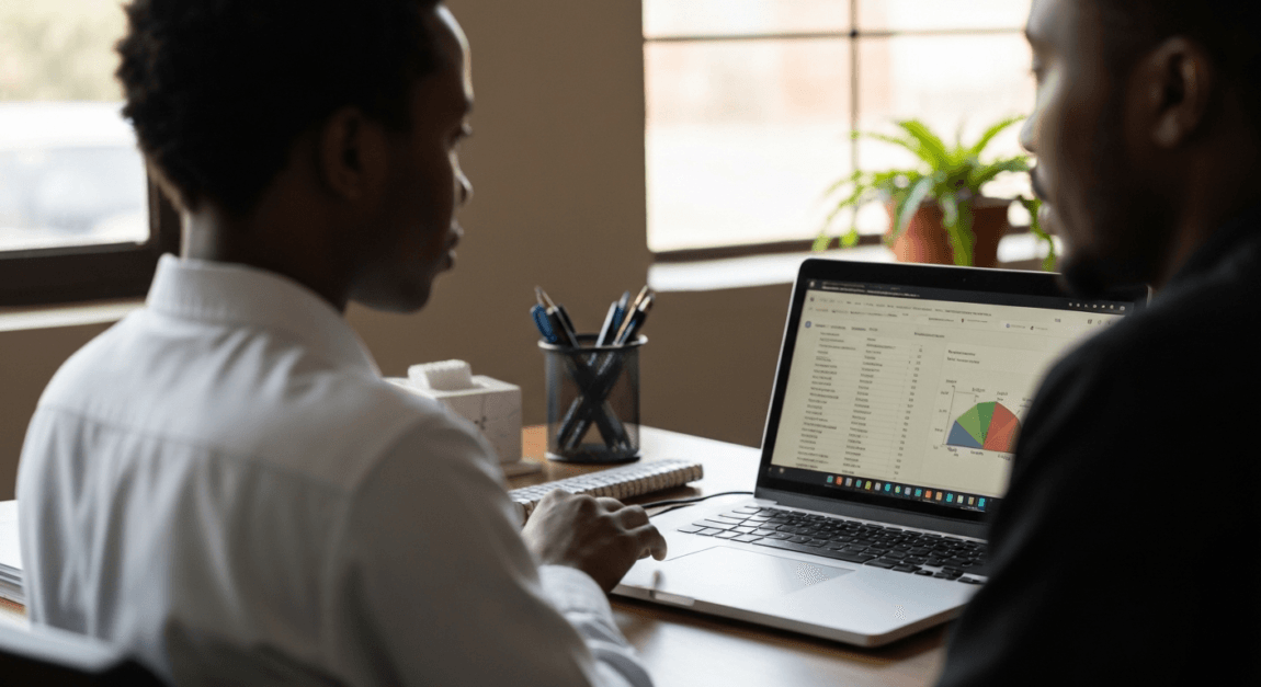 Professional using a laptop with spreadsheets to track KPIs in Botswana