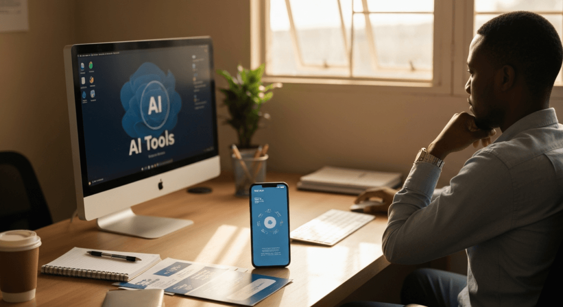 Botswana entrepreneur using AI tools for marketing on a computer