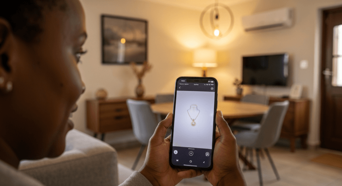 Person using AR on smartphone to view jewelry in real-time.