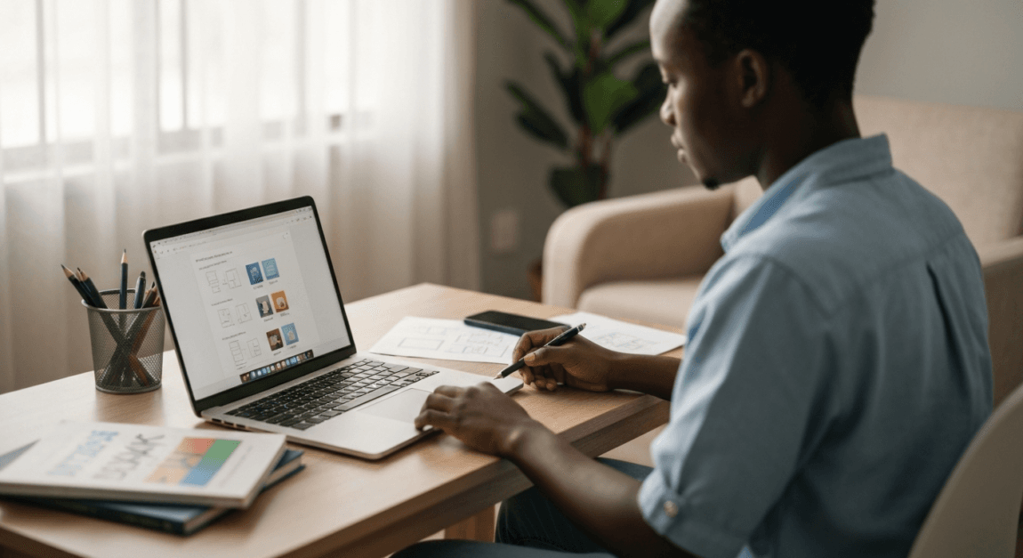 Botswana SME owner managing social media content on a laptop