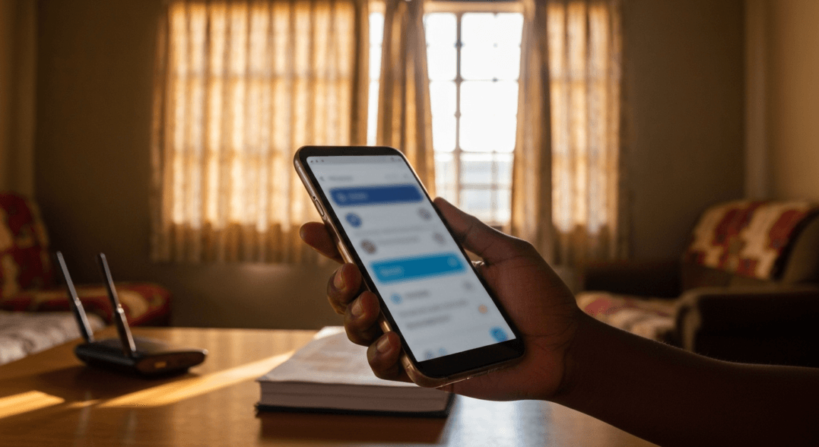 Close-up hand using smartphone with blurred browsing session, Botswana home office setting