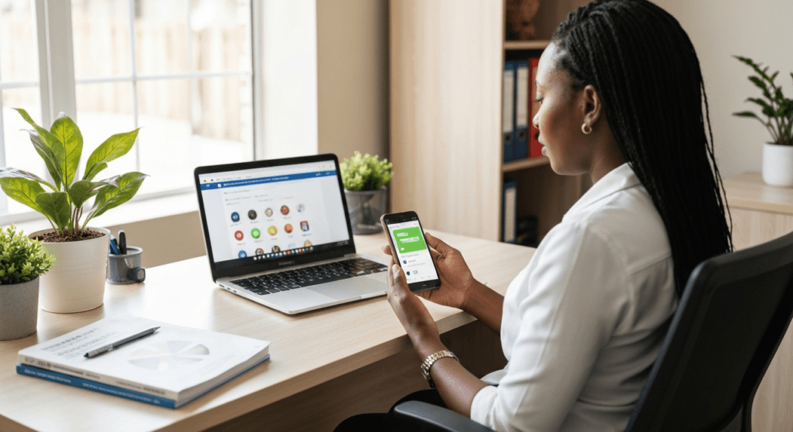 Botswana businesswoman using smartphone and laptop with blurred messaging and social media apps in office workspace