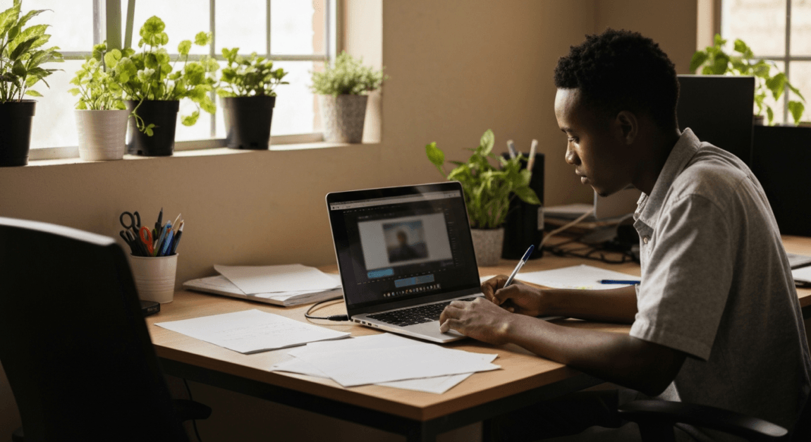 Botswanan entrepreneur in small office using AI video tools on a laptop