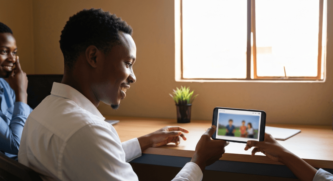 Botswanan professional using AI video on smartphone for customer engagement