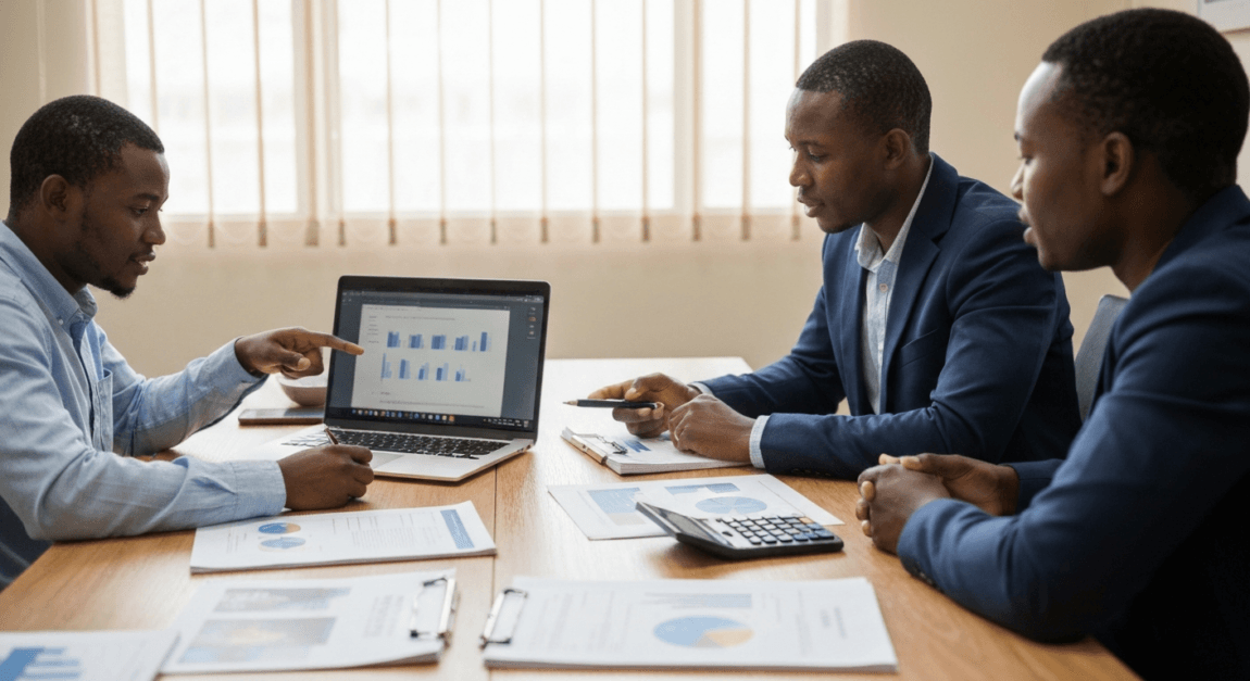 Botswanan professionals analyzing pricing for AI video tools