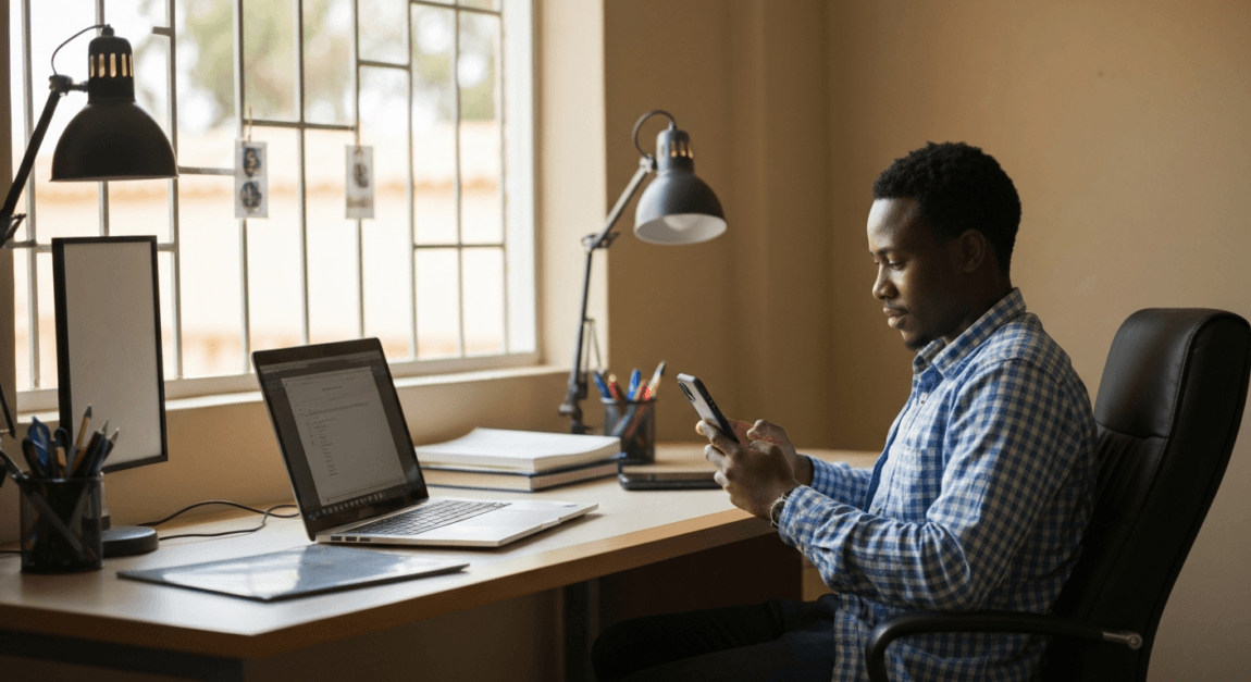 Person in a Botswana office engaged with a smartphone, demonstrating mobile commerce trends