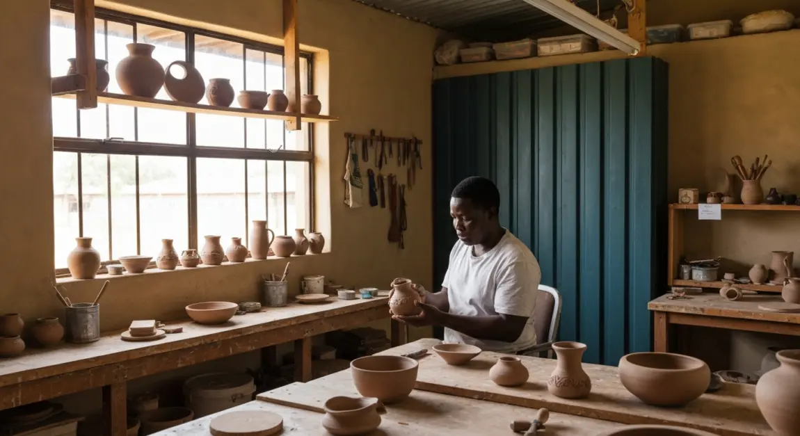 Artisan in Botswana preparing handmade goods for sale