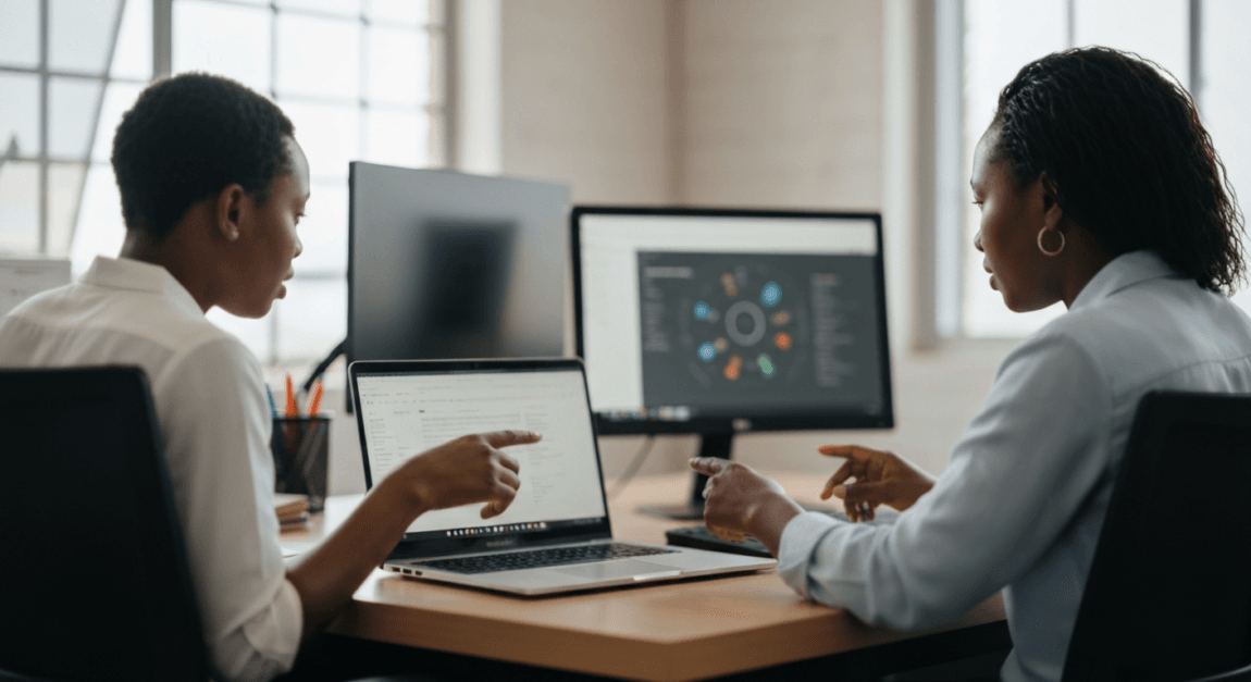 Botswana businesswoman discussing AI solutions at a desk.