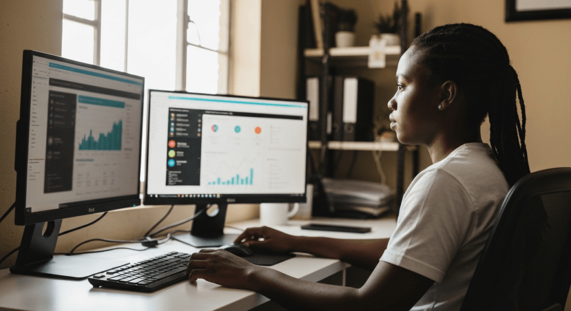 Young entrepreneur in Botswana using AI for data analytics.