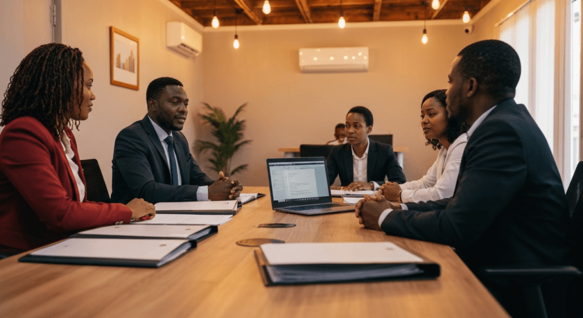 Group of businesspeople in Botswana office discussing market opportunities