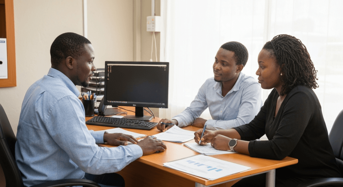 Banker meeting with business owners in Botswana for funding discussions