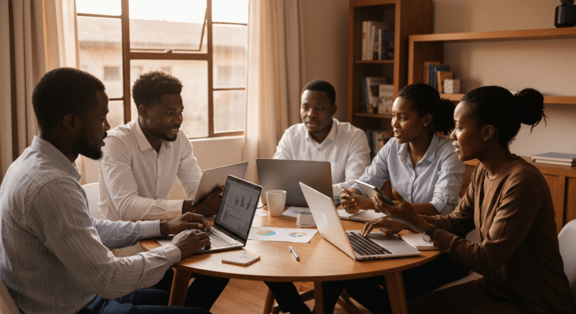 Team of entrepreneurs in Botswana collaborating using business planning software in a small office.