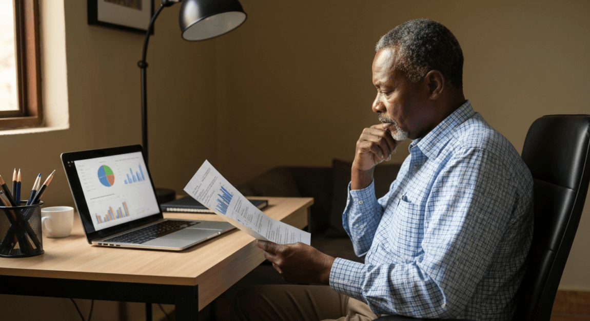 Botswana business owner using LivePlan for financial forecasting in a small office.