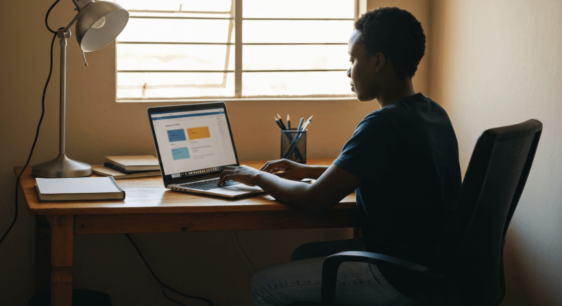 Young entrepreneur in Botswana using Enloop for business planning at a home office.