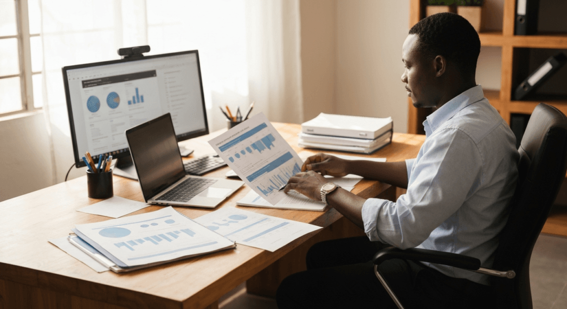 Botswana entrepreneur analyzing market data at desk for SME pricing strategy