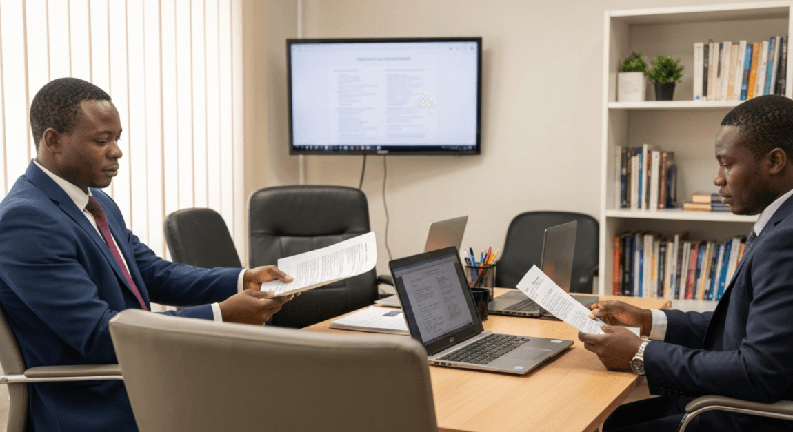 Botswana business professionals discussing ethical sales of AI services in office