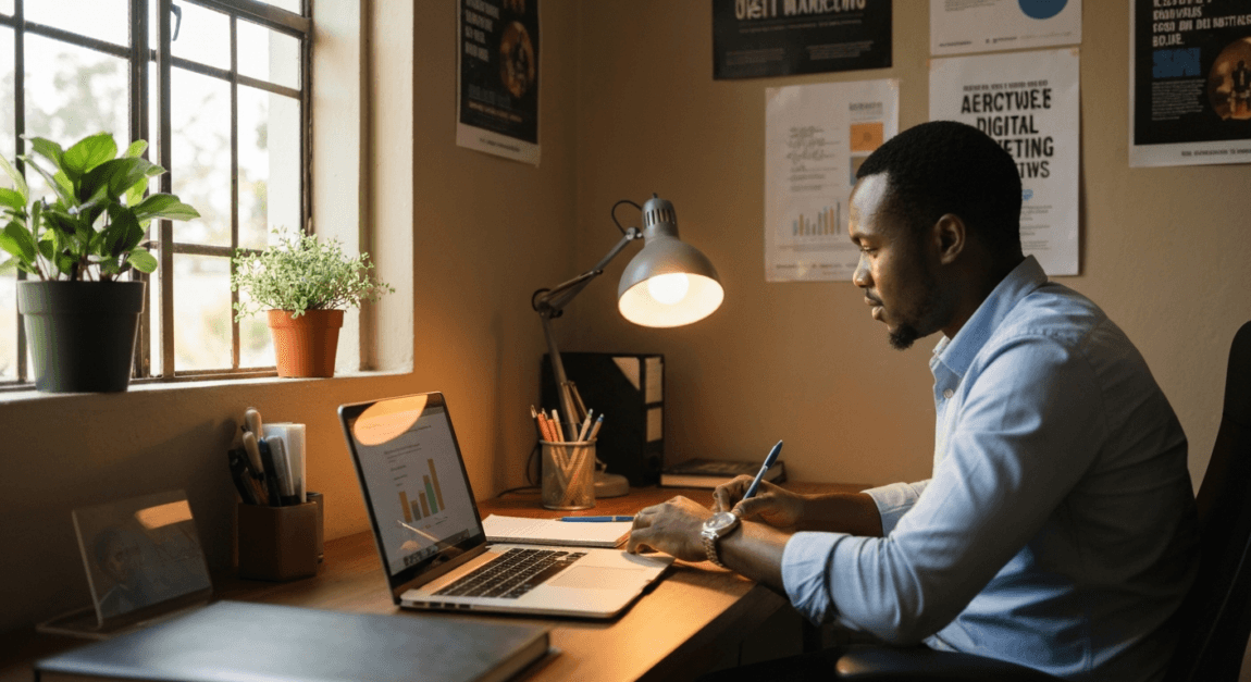 Botswana entrepreneur using laptop for digital marketing