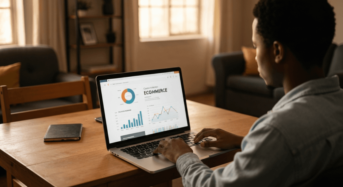 Entrepreneur using AI on a laptop for personalized shopping experiences at a desk in Botswana.