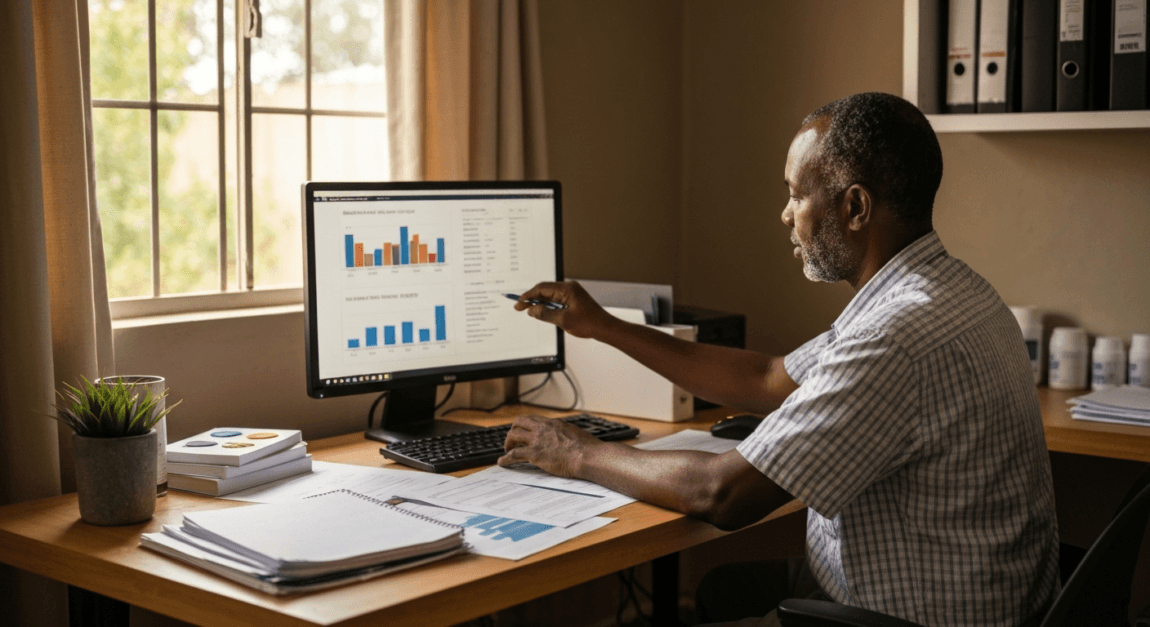Entrepreneur in Botswana managing inventory with AI on a computer in a home office.