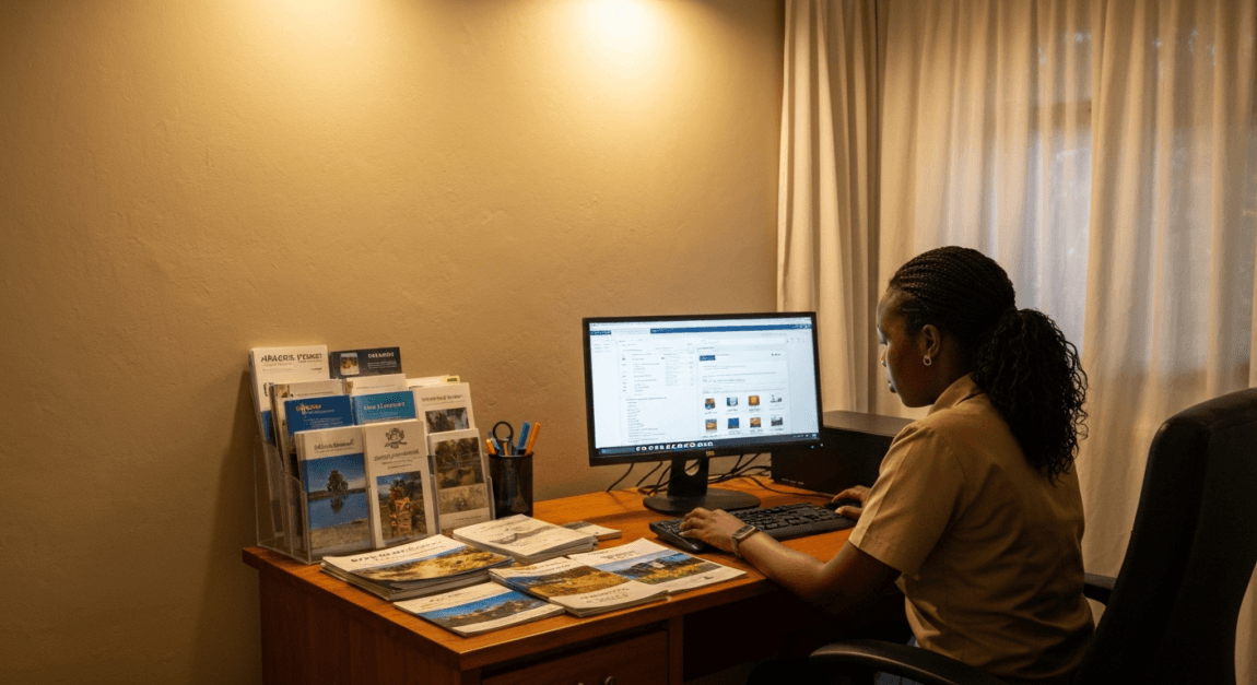 Travel agent in Botswana using AI-based smart booking system on a desktop computer.