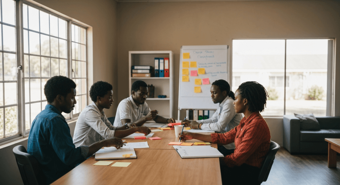 How to Come Up with a Winning Business Idea 1 Entrepreneurs in a Botswana office brainstorming ideas with sticky notes and a whiteboard.