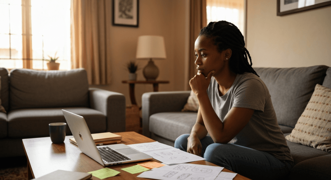 How to Come Up with a Winning Business Idea 2 Entrepreneur in Botswana combining skills and passions to sketch a business idea in a cozy living room.