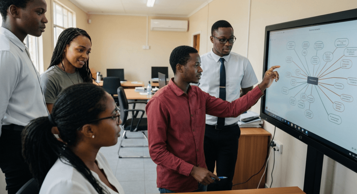 How to Come Up with a Winning Business Idea 3 Entrepreneurs in Botswana using a mind mapping app on a touchscreen for idea generation.