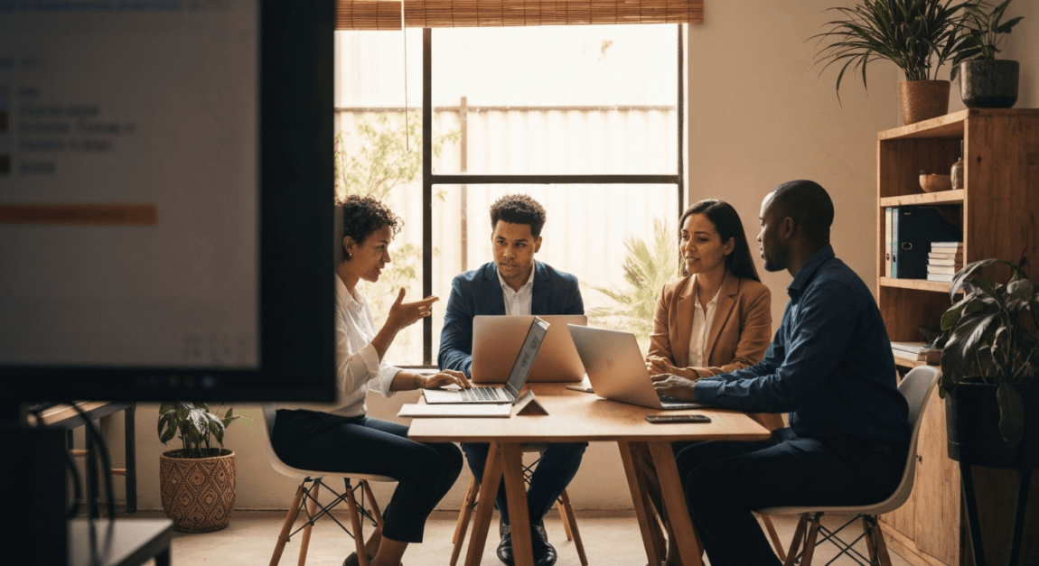 A small team working in a Botswana office discusses AI integration using laptops and tablets.