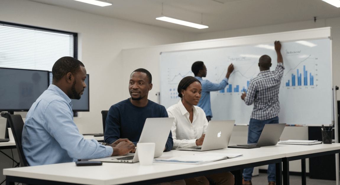 Workers in a Botswana office analyze data and adjust workflow on a whiteboard.