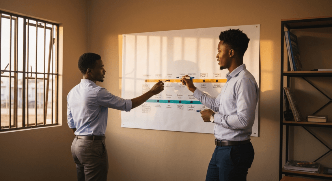 Young professionals in Botswana working on an implementation roadmap with a timeline chart.