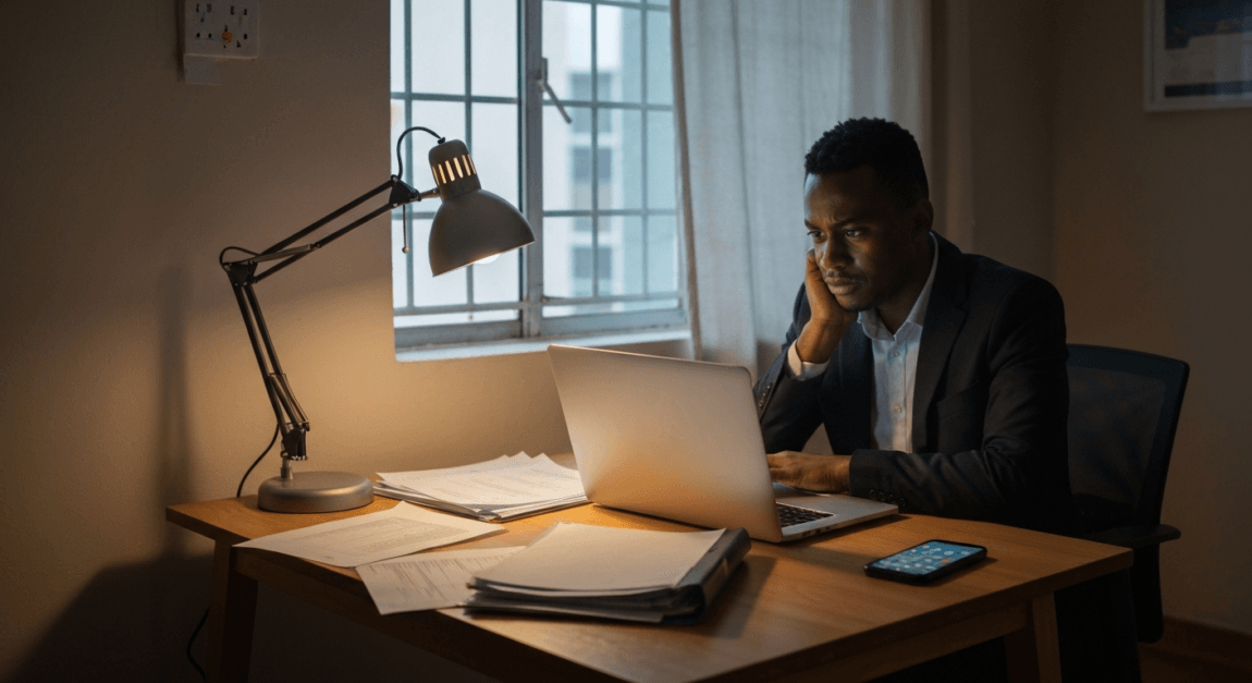 Risks of Using AI in Business: Privacy, Legal, and Reputation Checklist 1 Business professional in a Botswana home office worried about data privacy while using a laptop