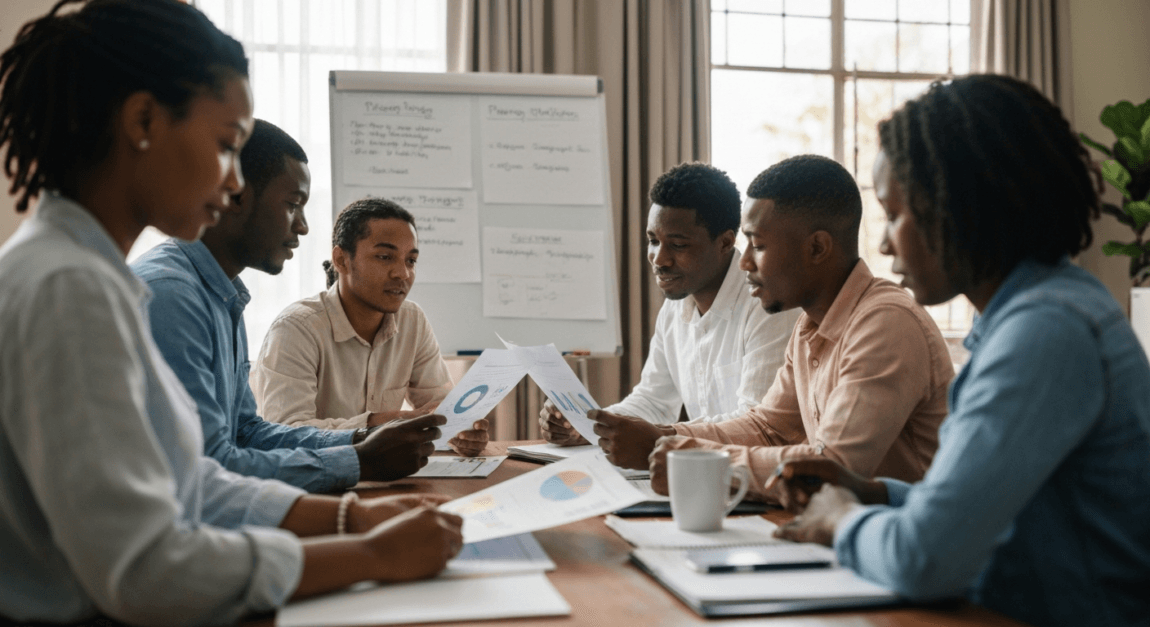 Risks of Using AI in Business: Privacy, Legal, and Reputation Checklist 2 Botswana SME team collaboratively addressing AI-related challenges in a home office setting