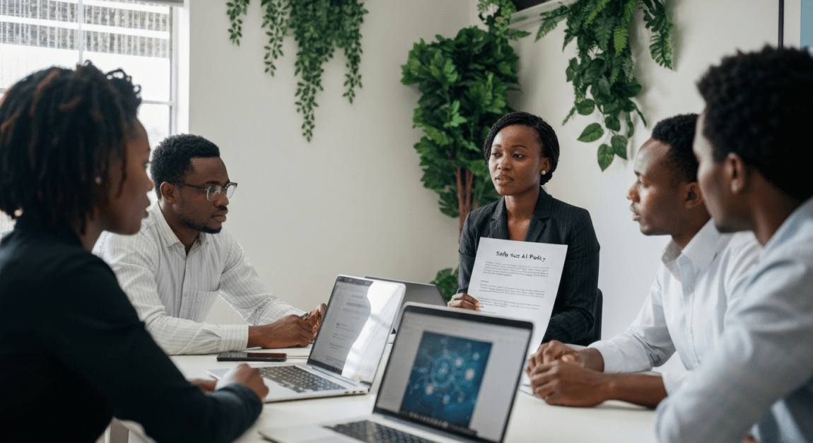 Risks of Using AI in Business: Privacy, Legal, and Reputation Checklist 3 Team leader in Botswana sharing AI safe-use policy with a team in a collaborative office environment