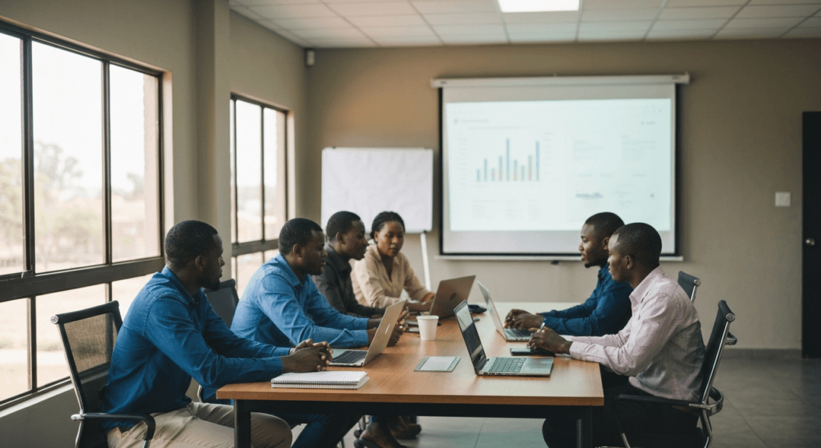 Team of business analysts in Botswana using AI tools for decision-making.