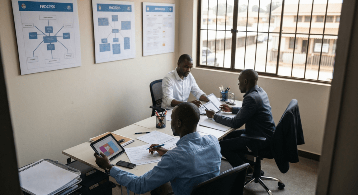 Botswana business analysts engaged in AI-enhanced process mapping.
