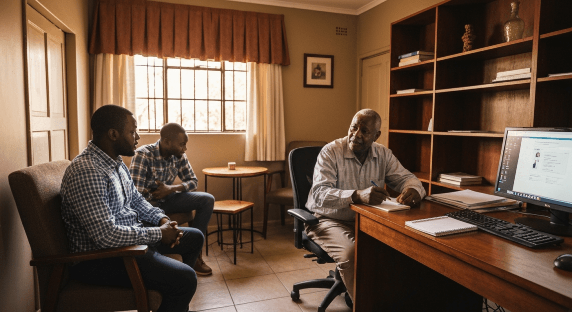Retiree giving a consultancy session in a Botswana home office