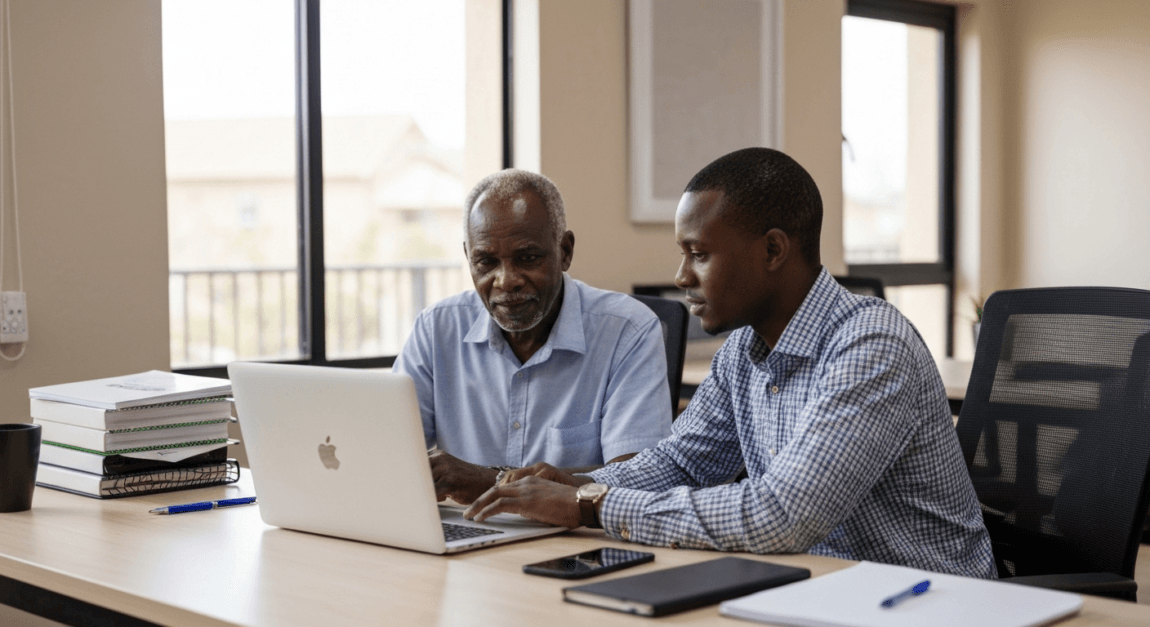 Retiree collaborating with a young partner on digital tools in an office