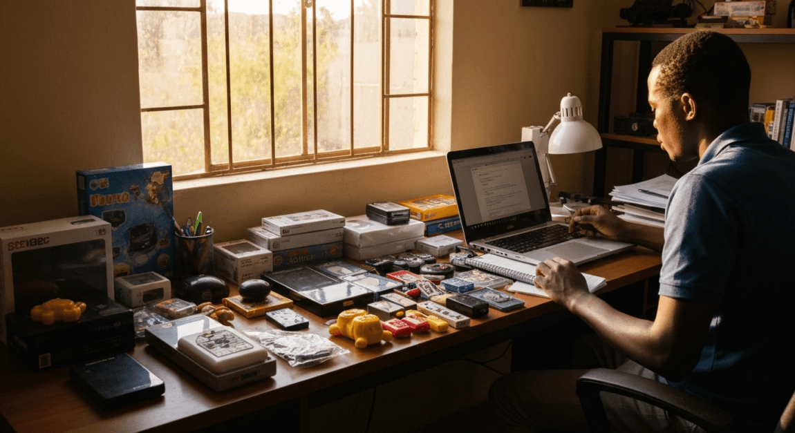 Person listing second-hand items on a laptop in a Botswana home office