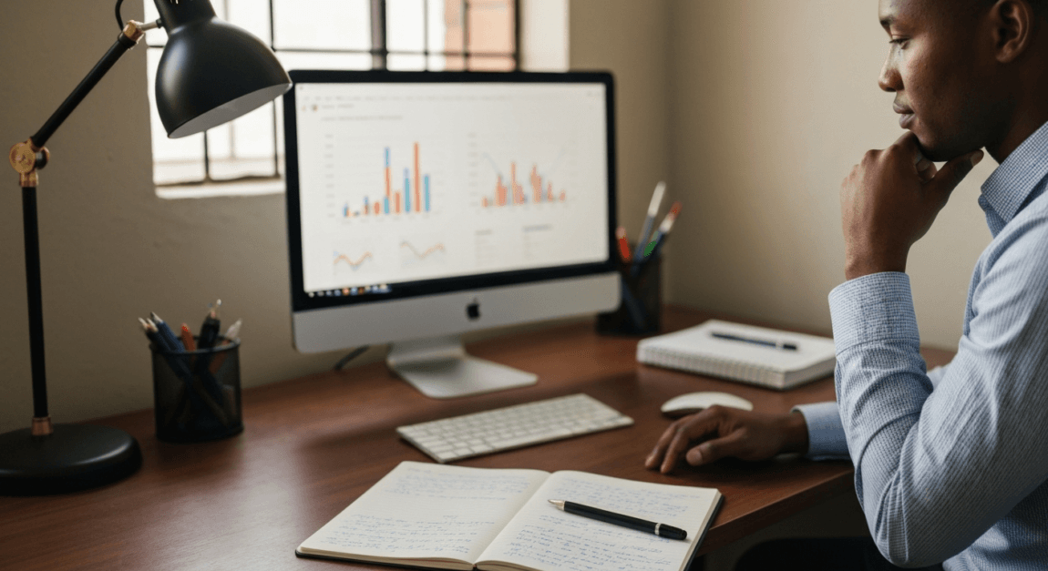 Botswana small business owner analyzing financial data with AI assistance