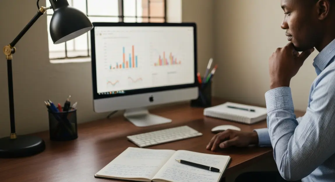 Botswana small business owner analyzing financial data with AI assistance