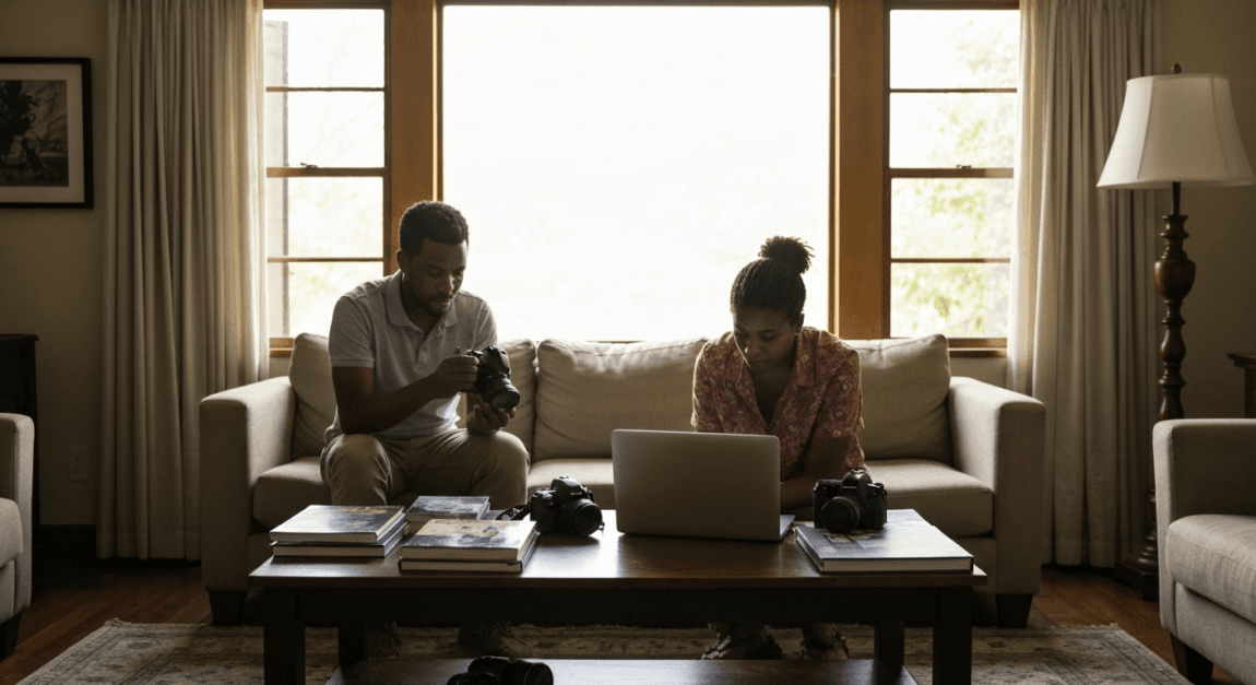 Business Ideas for Couples to Start Together 1 Couple setting up camera and reviewing photos in a living room