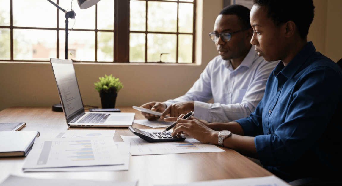 VAT Calculator and How to Calculate VAT 1 Two coworkers in a Botswana office calculating VAT using a laptop and papers