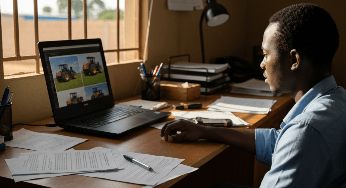 Farm Machinery and Implements List: Types, Uses, and Prices 1 Entrepreneur in Botswana reviewing farm machinery options for a new agribusiness