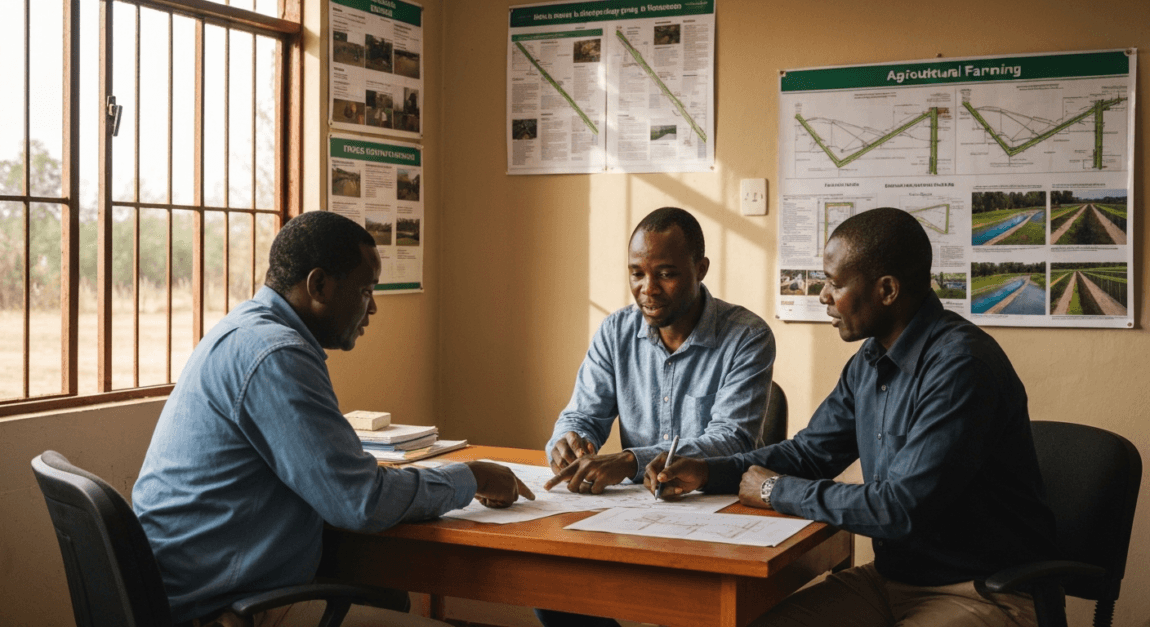 Farm Machinery and Implements List: Types, Uses, and Prices 4 Farmer and consultant inspecting a drip irrigation system on a Botswana farm