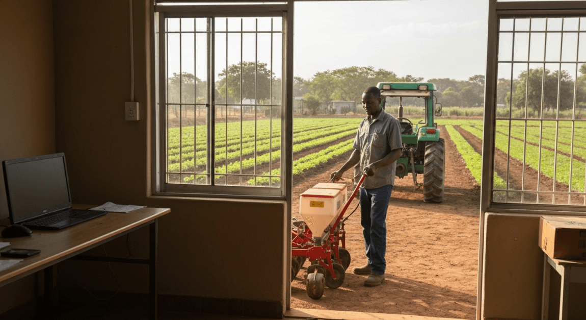 Types of Farm Machinery and Their Uses for Beginners 3 Small-scale farmer in Botswana using a seed drill for precise planting.